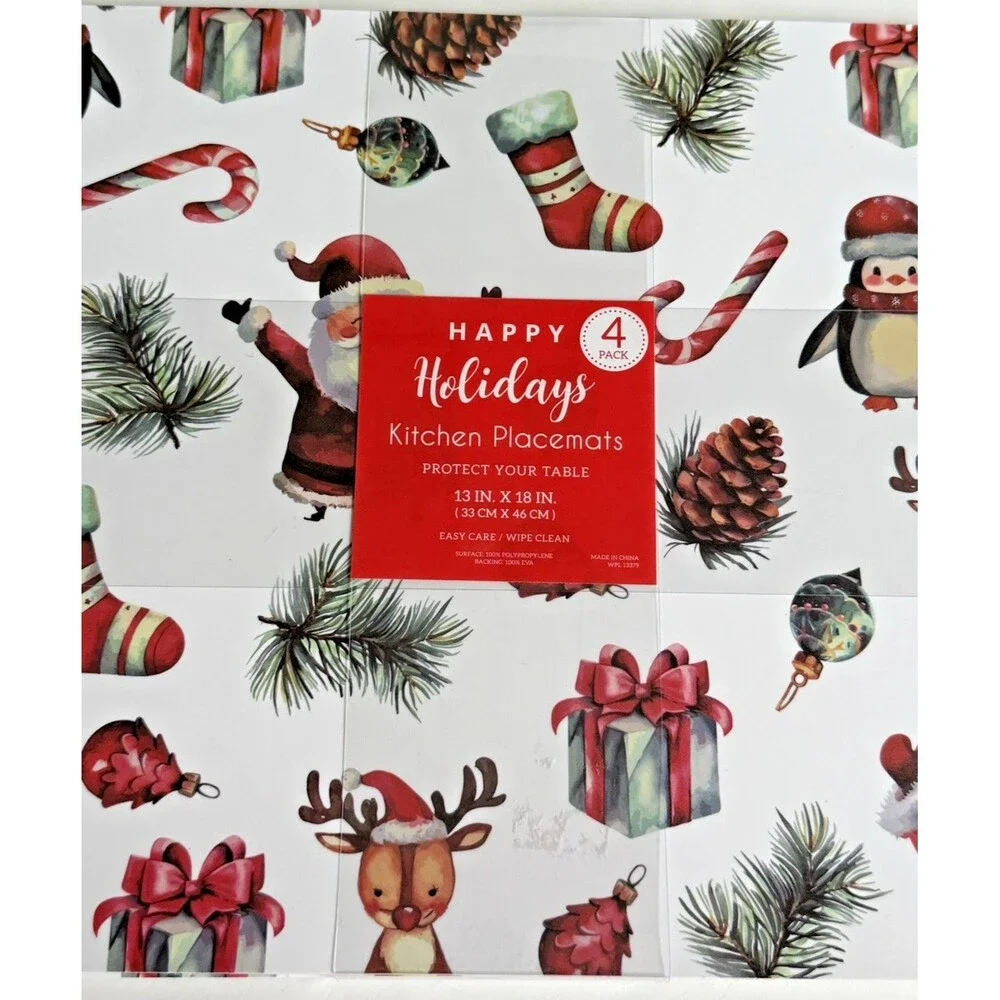 Christmas Placemats Santa Reindeer Set of 4 Vinyl Foam Back Holiday 13x18